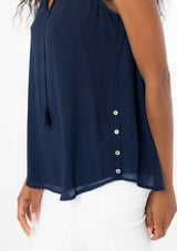 [Color: Navy] Beautiful bohemian chic sleeveless top with tassel tie front and split v neckline