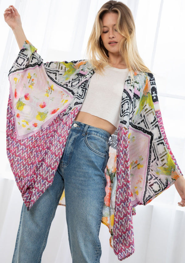 [Color: Black/Fuchsia Combo] A blond model wearing a mixed floral print mid length kimono. With a cocoon silhouette, kimono sleeves, and an open front.