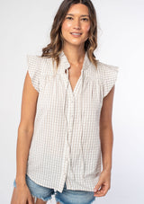 [Color: Pebble/Ivory] A woman wearing a cotton taupe and white gingham check print top with a button front and short flutter sleeves. 