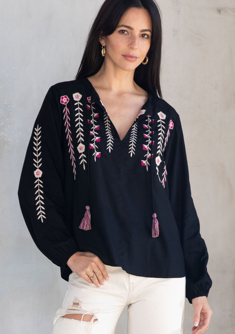 AK Women's Bohemian Embroidered Top - 3/4 Sleeve Mexican Floral Peasant Blouse, Loose Tunic, Rayon