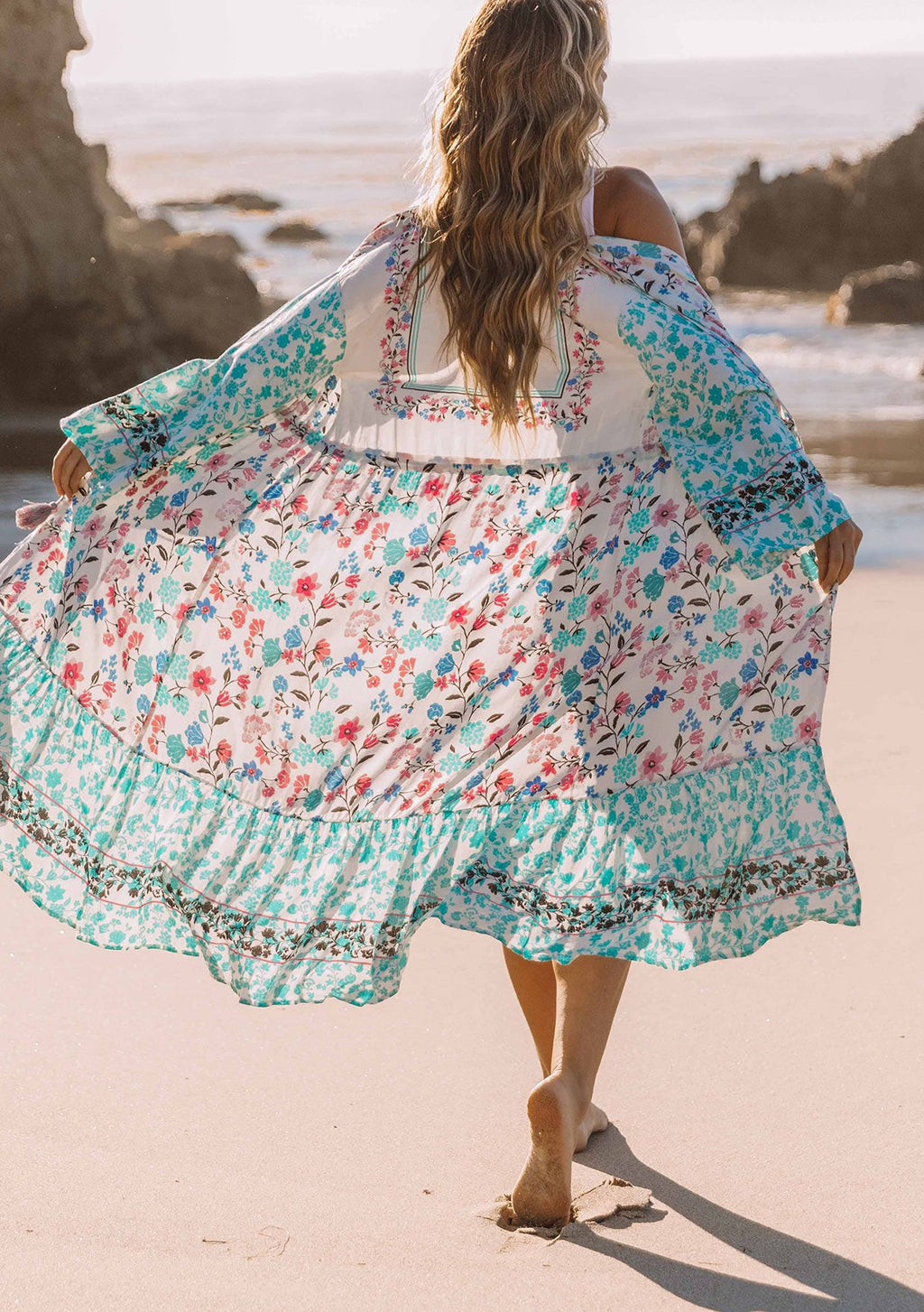 beach kimono dress Turquoise Blue Kimono Double Slit Sexy Long Dress, Vacation Outfit, Resort Wear, Long Bohemian Watercolor Beach Dress, Fits XS-L