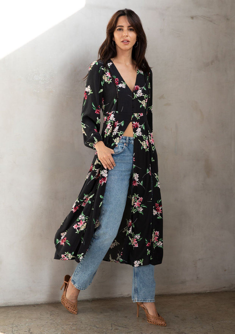 Black Floral Button Front Duster Kimono | LOVESTITCH Black Floral Button Front Duster Kimono | LOVESTITCH