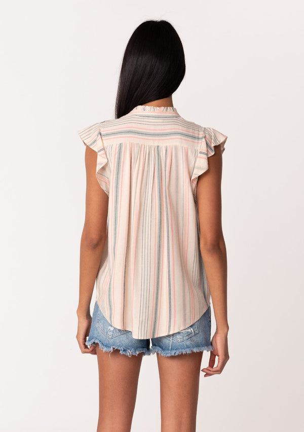 [Color: Natural/Sage] A back facing image of a brunette model wearing a best selling bohemian button front top in a natural and sage green stripe. With short flutter sleeve and a ruffled neckline.