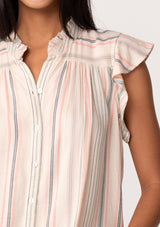 [Color: Natural/Sage] A close up front facing image of a brunette model wearing a best selling bohemian button front top in a natural and sage green stripe. With short flutter sleeve and a ruffled neckline.
