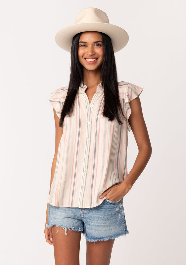 [Color: Natural/Sage] A front facing image of a brunette model wearing a best selling bohemian button front top in a natural and sage green stripe. With short flutter sleeve and a ruffled neckline.