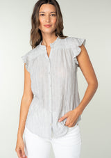 [Color: Heather Grey] A front facing image of a brunette model wearing a sheer cotton button front top in a striped jacquard. With short flutter sleeves and a ruffled neckline. A best selling bohemian top. 