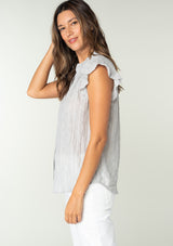 [Color: Heather Grey] A side facing image of a brunette model wearing a sheer cotton button front top in a striped jacquard. With short flutter sleeves and a ruffled neckline. A best selling bohemian top. 
