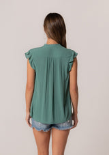 [Color: Seaglass Green] A back facing image of a brunette model wearing a sea green crinkle gauze short sleeve flutter top with a button front and a ruffled neckline.