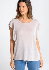 [Color: Mushroom] A model wearing a beige linen blend tee shirt with a short ruffled sleeve. 