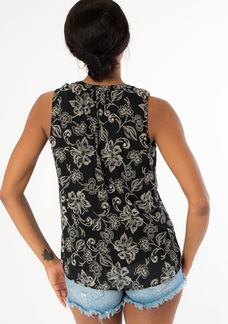 Women's Top - Boho Black Chiffon Floral Print Tank Top