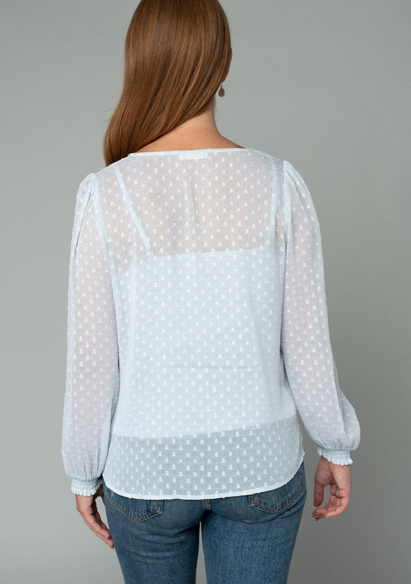 [Color: Ice Blue] A back facing image of a red headed model wearing a light blue bohemian blouse in a light catching clip dot sheer chiffon. With voluminous long sleeves, a v neckline, and a relaxed flowy fit. 