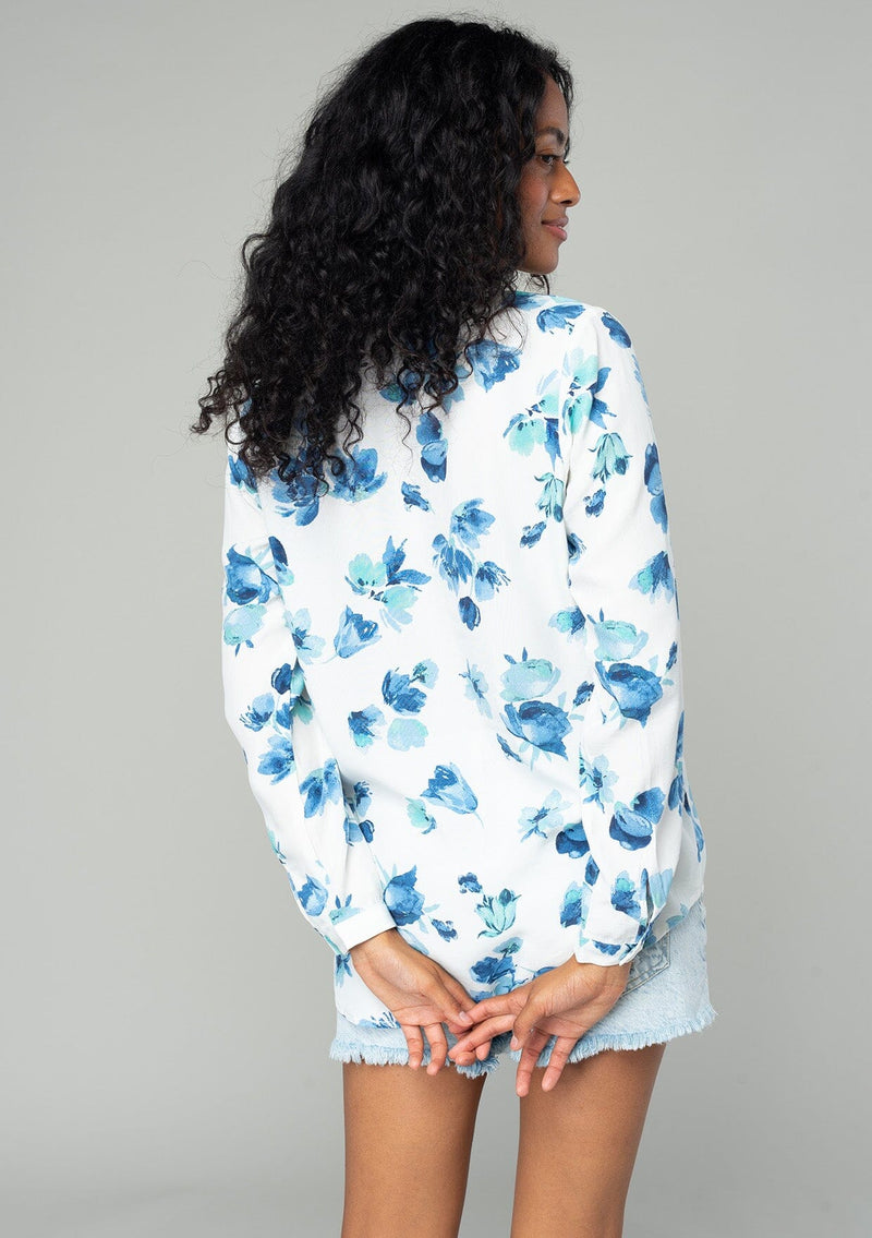 blue blouse dress with flowers cuffed sleeves Floral Belted Long Sleeve Shirt ply twill construction that Blue Floral Midi Cotton Casual