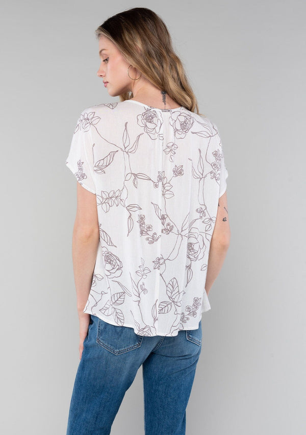 [Color: Natural/Taupe] A back facing image of a blonde model wearing a flowy bohemian spring top in a natural and taupe floral print. With short drop sleeves, a round neckline, and a self covered button front. 