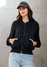 [Color: Black] Lovestitch modal satin bomber jacket beautiful embroidered back.