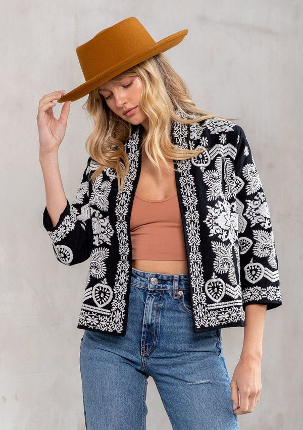 [Color: Black/OffWhite] A bohemian cropped embroidered jacket! Featuring pretty embroidered detail throughout and feminine three quarter length sleeves.