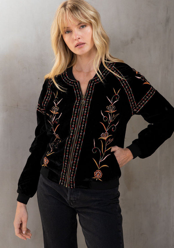 [Color: Black Multi] A bohemian chic velvet bomber jacket. Featuring essential side pockets and embroidered detailing throughout.