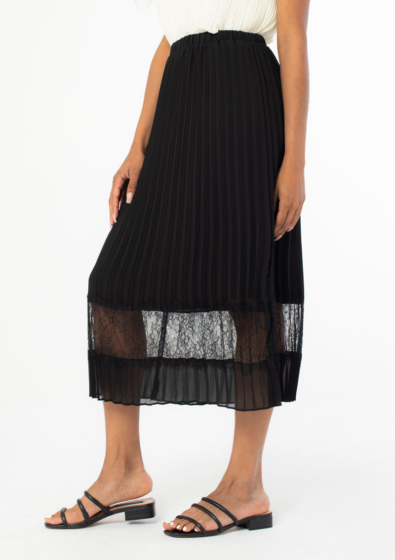 [Color: Black] A sunburst pleated mid length skirt. Featuring a delicate eyelash lace trim insert at the bottom of the skirt, an elastic waist, and elegant pleating throughout.