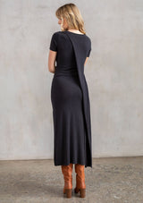 [Color: Charcoal] A cozy knit midi t shirt dress, featuring a classic crew neckline, a sexy side slit, and a unique wrap back detail. 