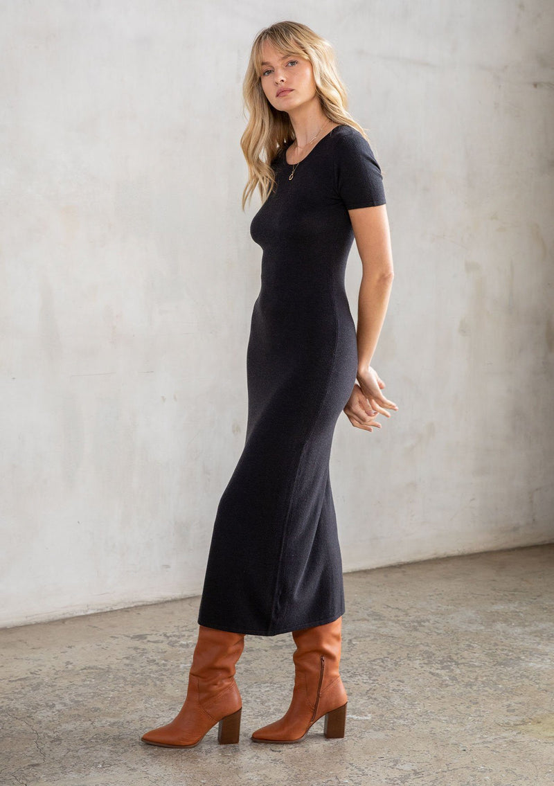 [Color: Charcoal] A cozy knit midi t shirt dress, featuring a classic crew neckline, a sexy side slit, and a unique wrap back detail. 