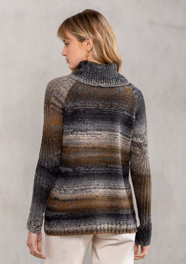 [Color: Charcoal Multi] A soft striped turtleneck sweater. A rustic yarn dye pullover featuring a cable knit detail in the front.