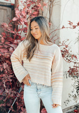 [Color: Sand/Orange/Mint] Lovestitch silver navy long sleeve, multi color striped, relaxed fit, cropped knit sweater.