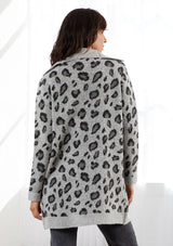 [Color: Charcoal] Lovestitch grey, cozy, long sleeve, leopard jacquard coatigan.
