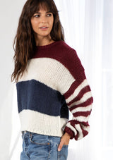 [Color: Burgundy/Ivory/Navy] Lovestitch Burgundy Ivory Navy striped, color block knit pullover sweater with volume sleeve