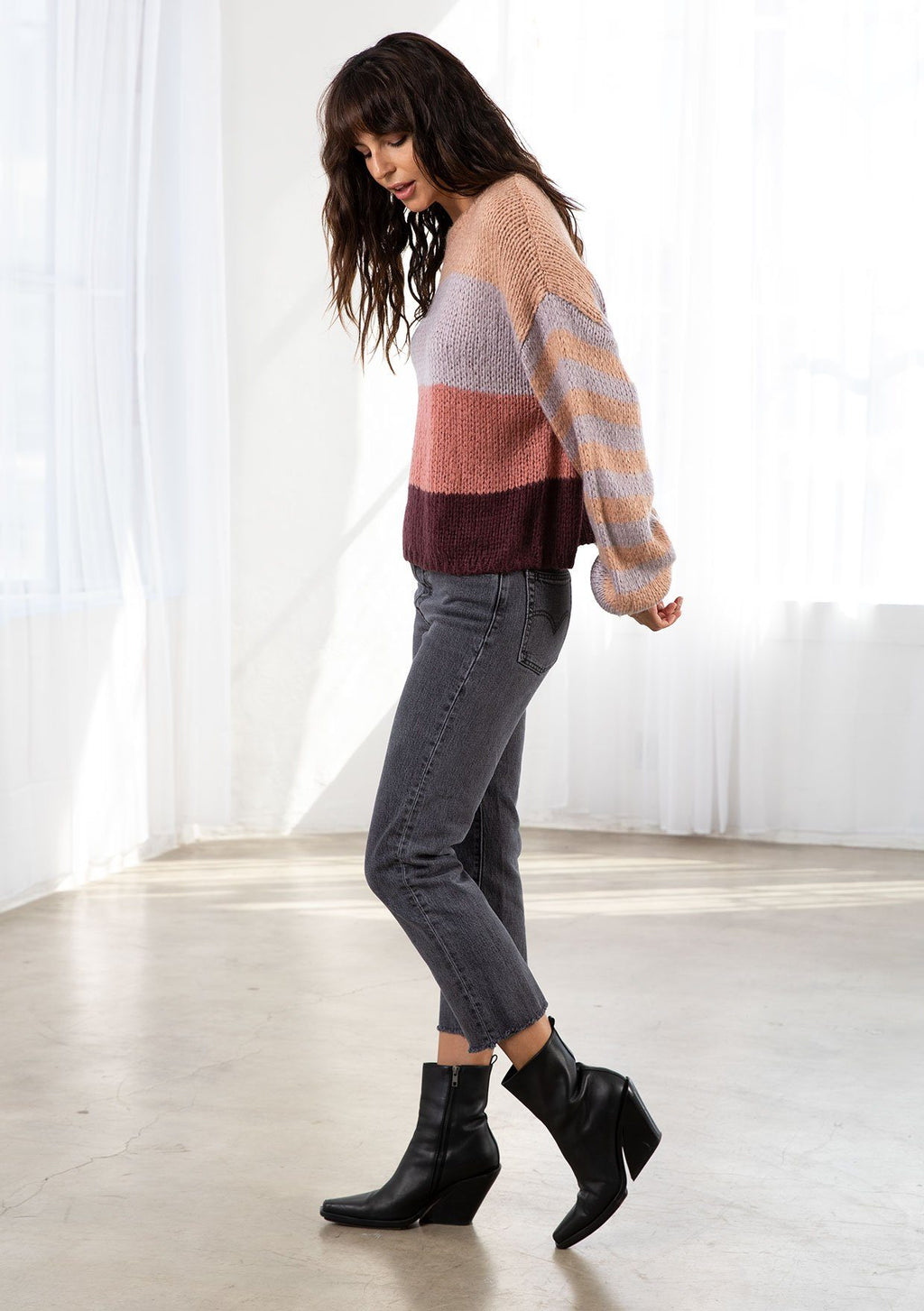 Rose Red Colorblock Striped Hollowed Knit Loose Sweater