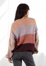 [Color: Peach/Lavender/Rose] Lovestitch Peach Lavender Rose striped, color block knit pullover sweater with volume sleeve