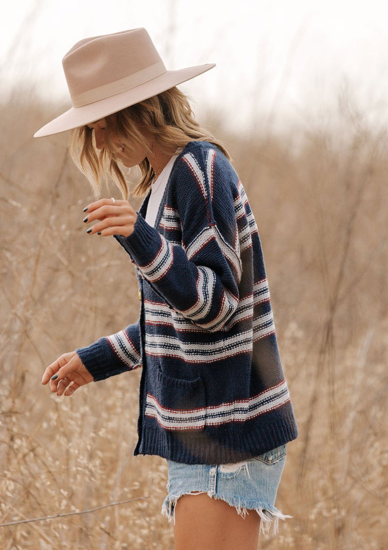[Color: Navy/Sky] A model wearing a navy blue stripe cardigan sweater. With three oversize buttons, front pockets, and a v neckline. 