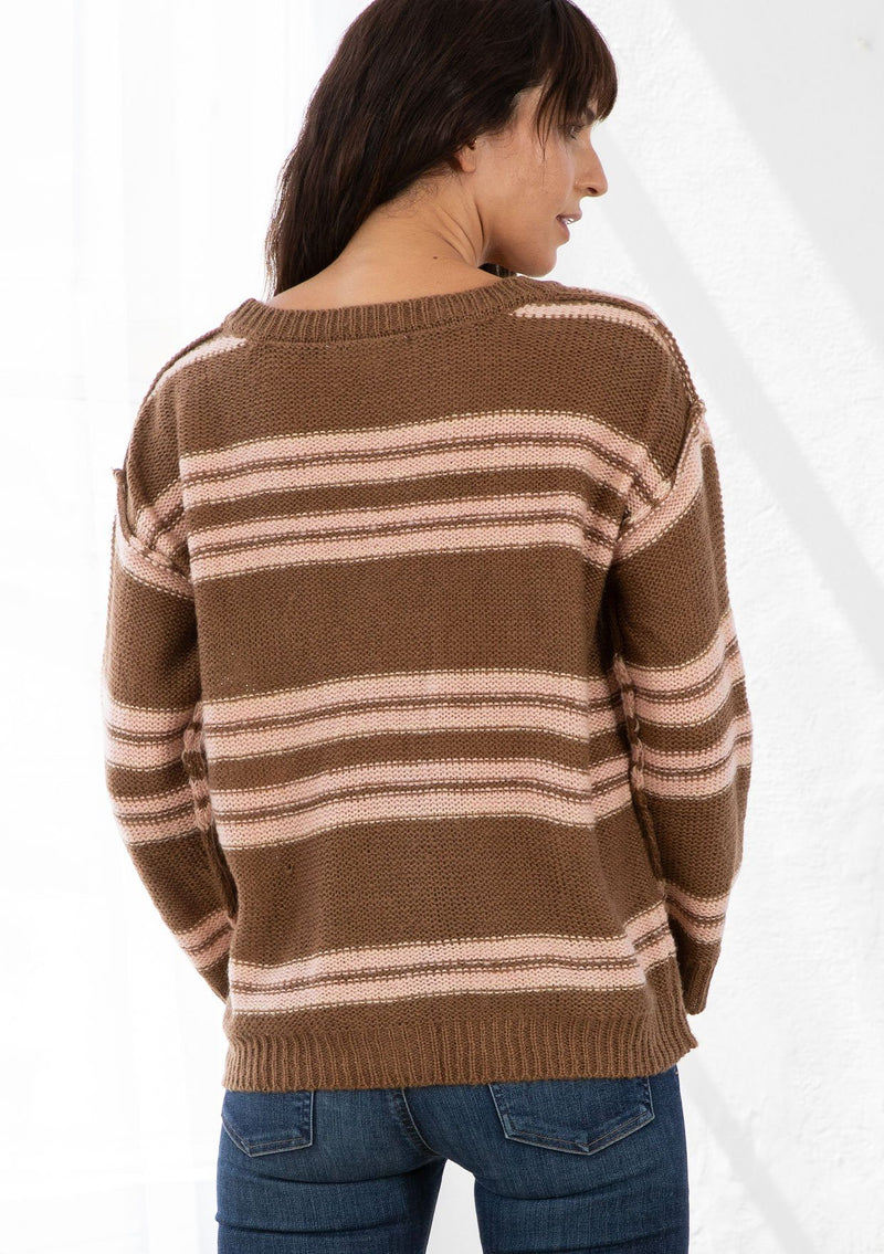 [Color: Mocha/Blush] A model wearing a brown stripe cardigan sweater. With three oversize buttons, front pockets, and a v neckline.