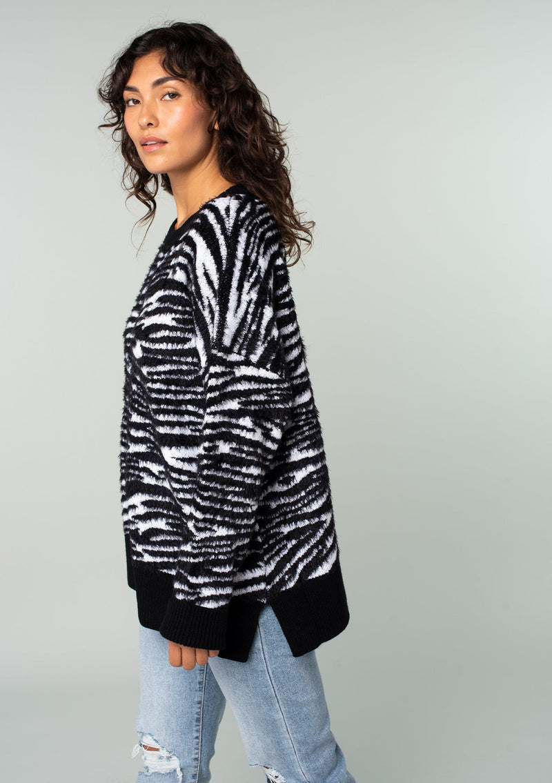 [Color: Snow Zebra] Lovestitch Long sleeve, crew neck, oversized snow zebra sweater with ribbed detail.