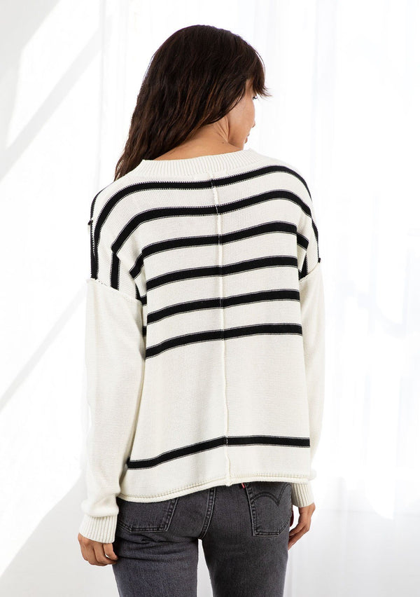 [Color: OffWhite/Black] Lovestitch offwhite/black lightweight, crew neck, striped knit sweater.