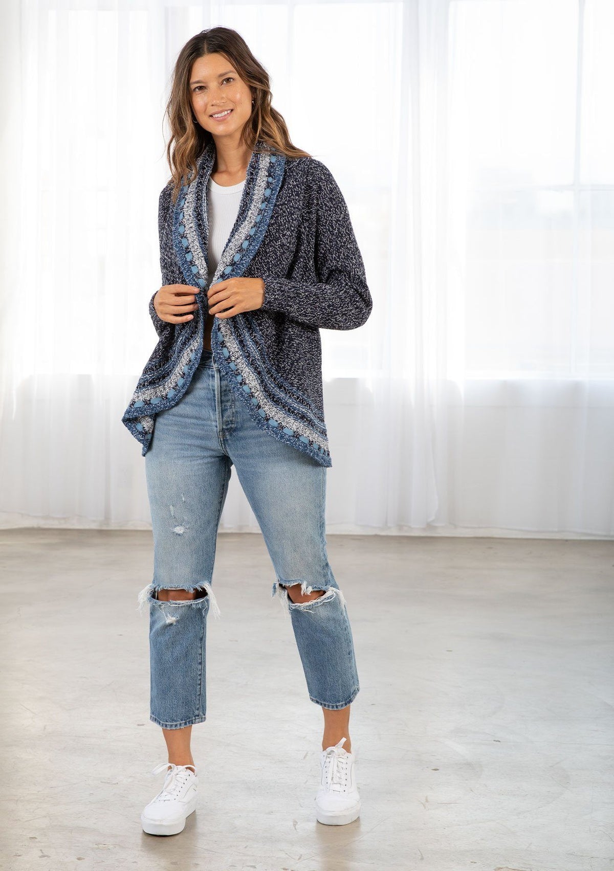 Blue Melange Knit Basket Weave Cardigan | LOVESTITCH