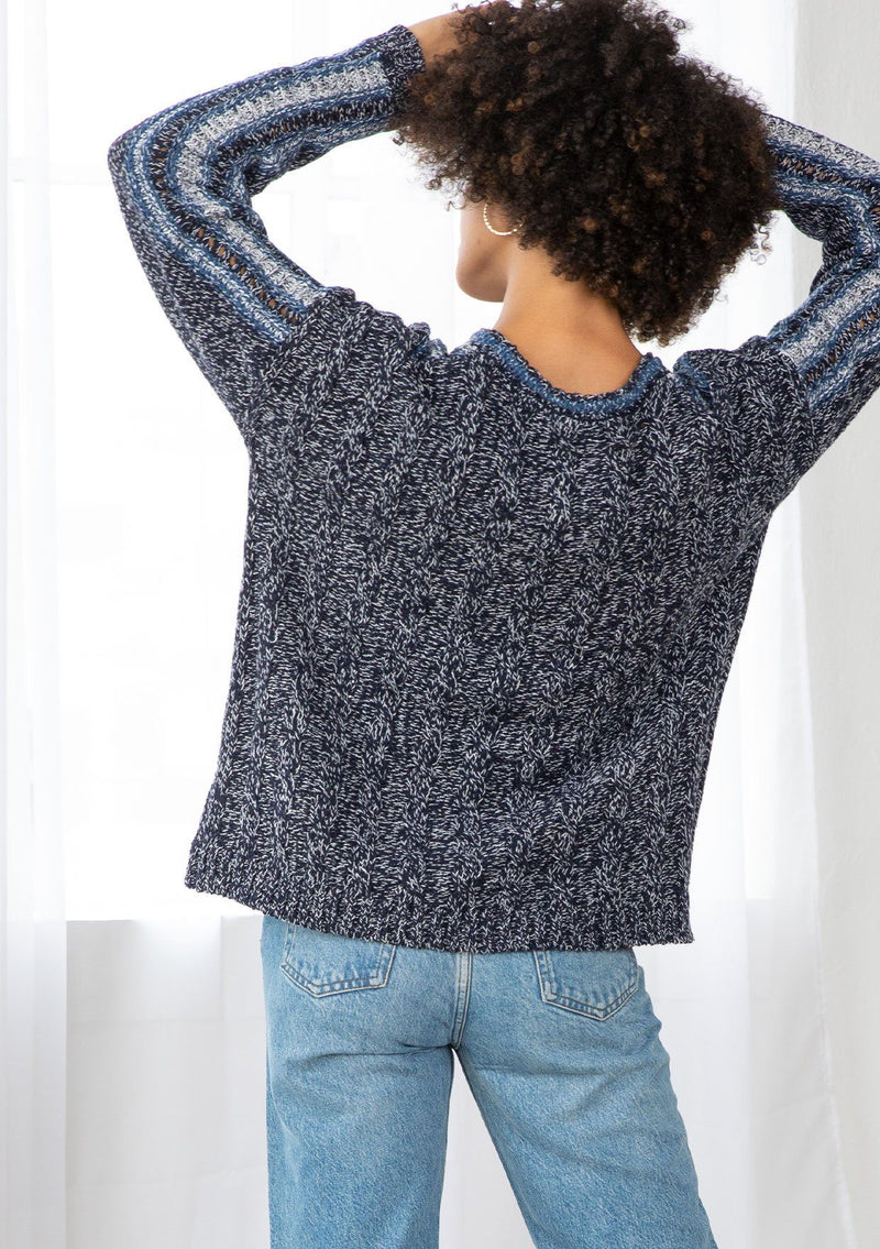 [Color: Navy] Lovestitch melange knit sweater with basket weave trim detail