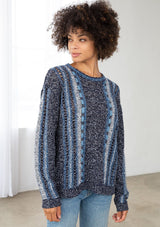 [Color: Navy] Lovestitch melange knit sweater with basket weave trim detail