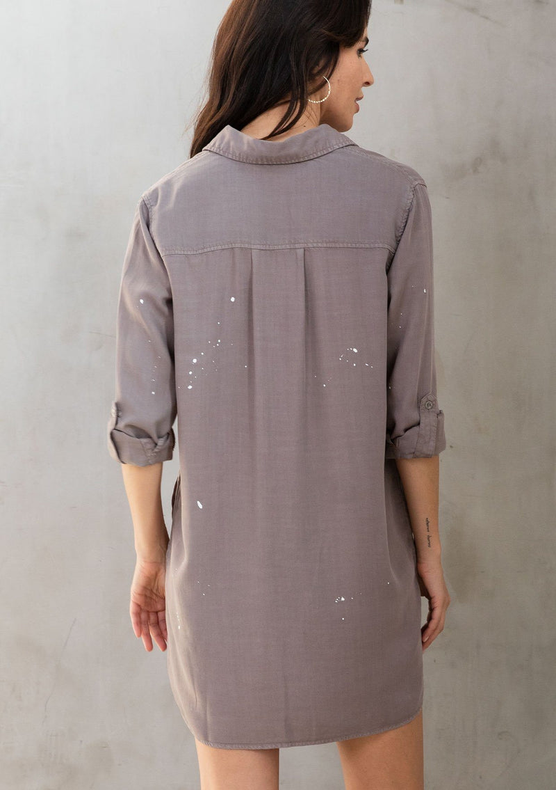 [Color: Mushroom] Lovestitch mushroom long sleeve, tencel, collared, split neck shirt dress with paint splatter detail and rolled tab sleeves.