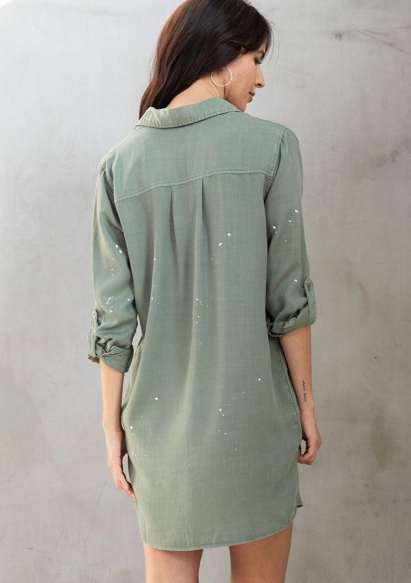 [Color: Olive] Lovestitch olive long sleeve, tencel, collared, split neck shirt dress with paint splatter detail and rolled tab sleeves.