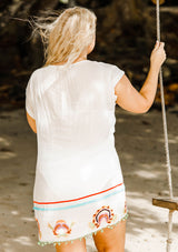 [Color: Off White] A colorful embroidered off white caftan mini dress. 