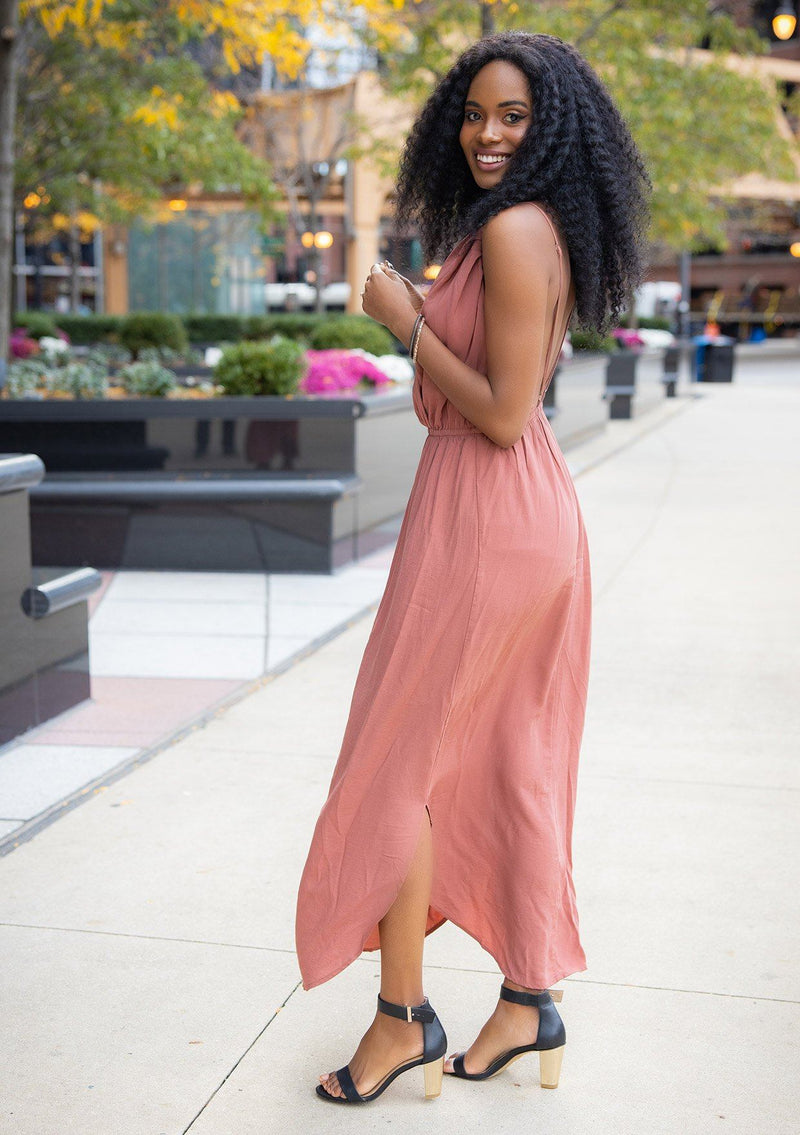 [Color: Clay] It does not get much better than this stunning maxi dress. Featuring a sexy low back, a deep v neckline wrap top, and subtle side slits for movement.
