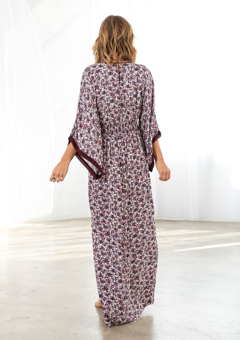 [Color: Plum/Rose] Lovestitch plum/rose floral printed maxi dress with plunging V-neckline, drapey kimono sleeves and sexy front slit.