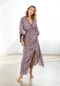 [Color: Plum/Rose] Lovestitch plum/rose floral printed maxi dress with plunging V-neckline, drapey kimono sleeves and sexy front slit.