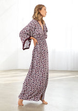 [Color: Plum/Rose] Lovestitch plum/rose floral printed maxi dress with plunging V-neckline, drapey kimono sleeves and sexy front slit.