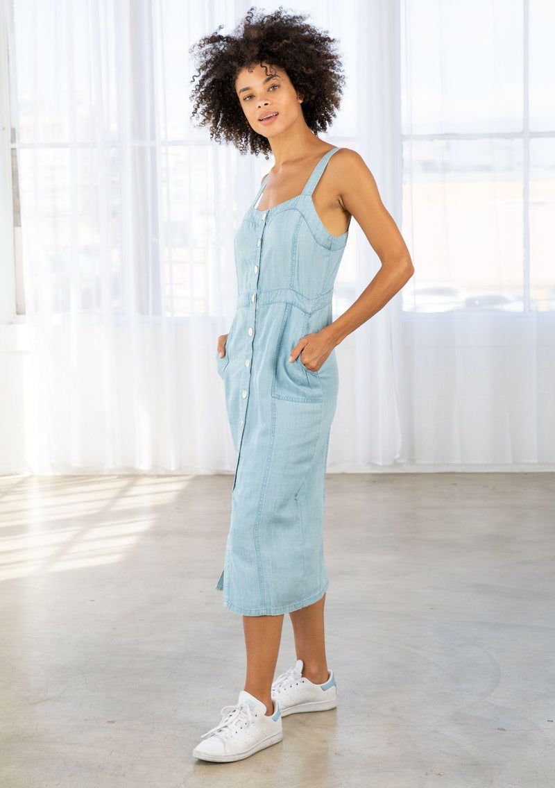 [Color: Light Wash] Lovestitch, light wash, form fitting, sleeveless, buttondown midi dress in super soft tencel.