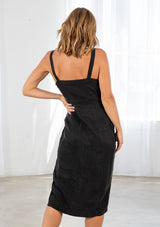 [Color: Black] Lovestitch black, form fitting, sleeveless, buttondown midi dress in super soft cupro blend.