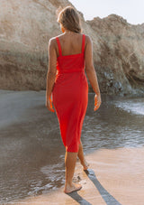[Color: Fire] Lovestitch fire orange red, form fitting, sleeveless, button down midi dress in super soft tencel.