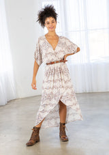 [Color: Nude/Saddle/Peach] Lovestitch floral printed maxi dress with wrap skirt.