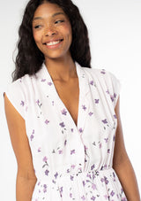[Color: Blush Lavender] Adorable white midi dress with cute floral print, collar v neckline and cap sleeves