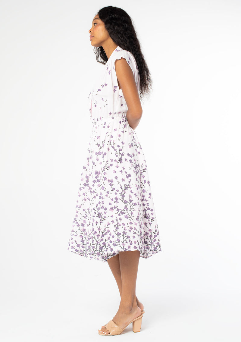 [Color: Blush Lavender] Adorable white midi dress with cute floral print, collar v neckline and cap sleeves