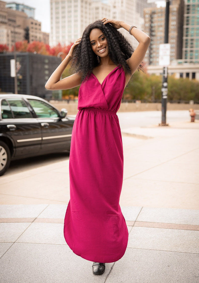 [Color: Magenta] It does not get much better than this stunning maxi dress. Featuring a sexy low back, a deep v neckline wrap top, and subtle side slits for movement. 